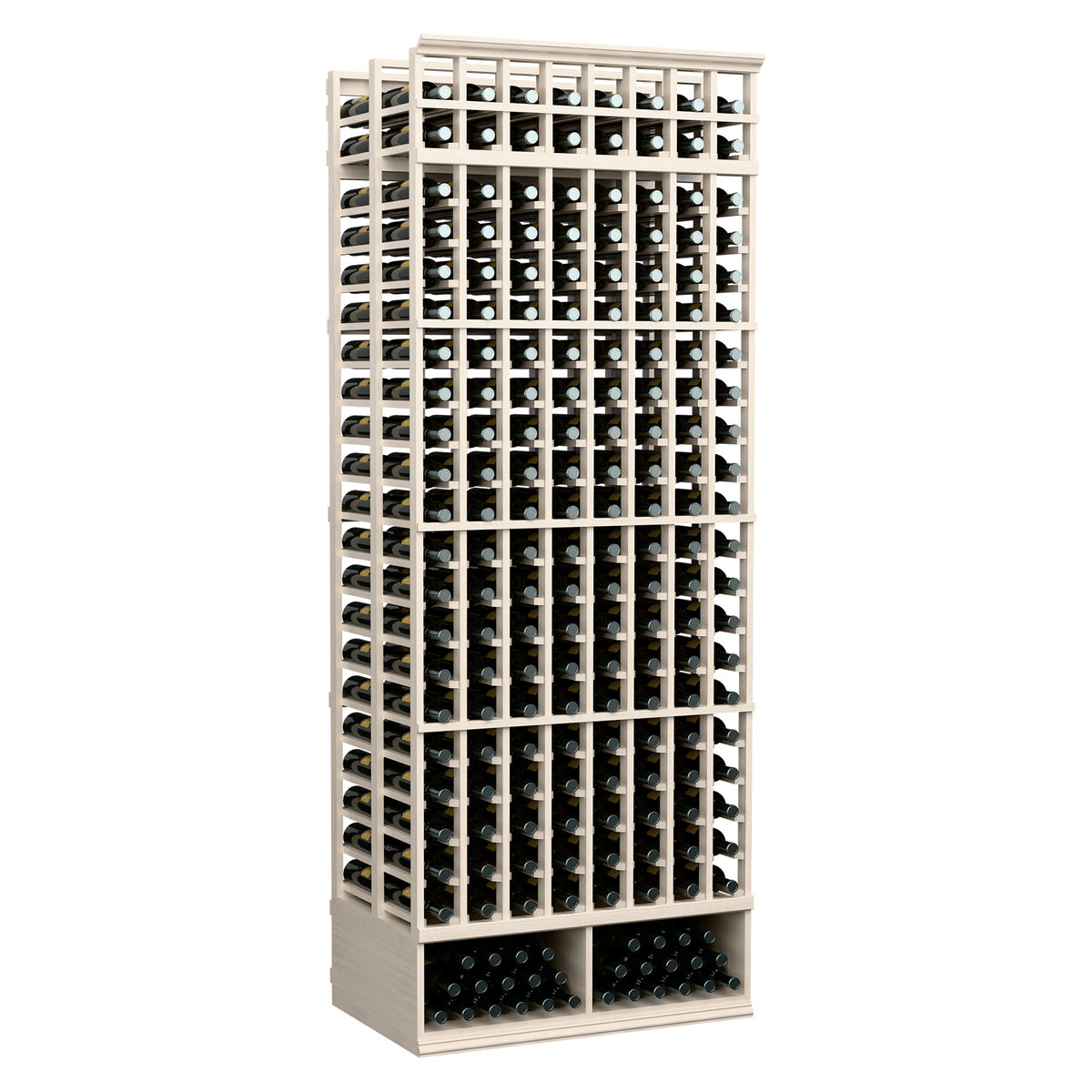 8-column double-deep wine bottle rack with black holders, light wood frame