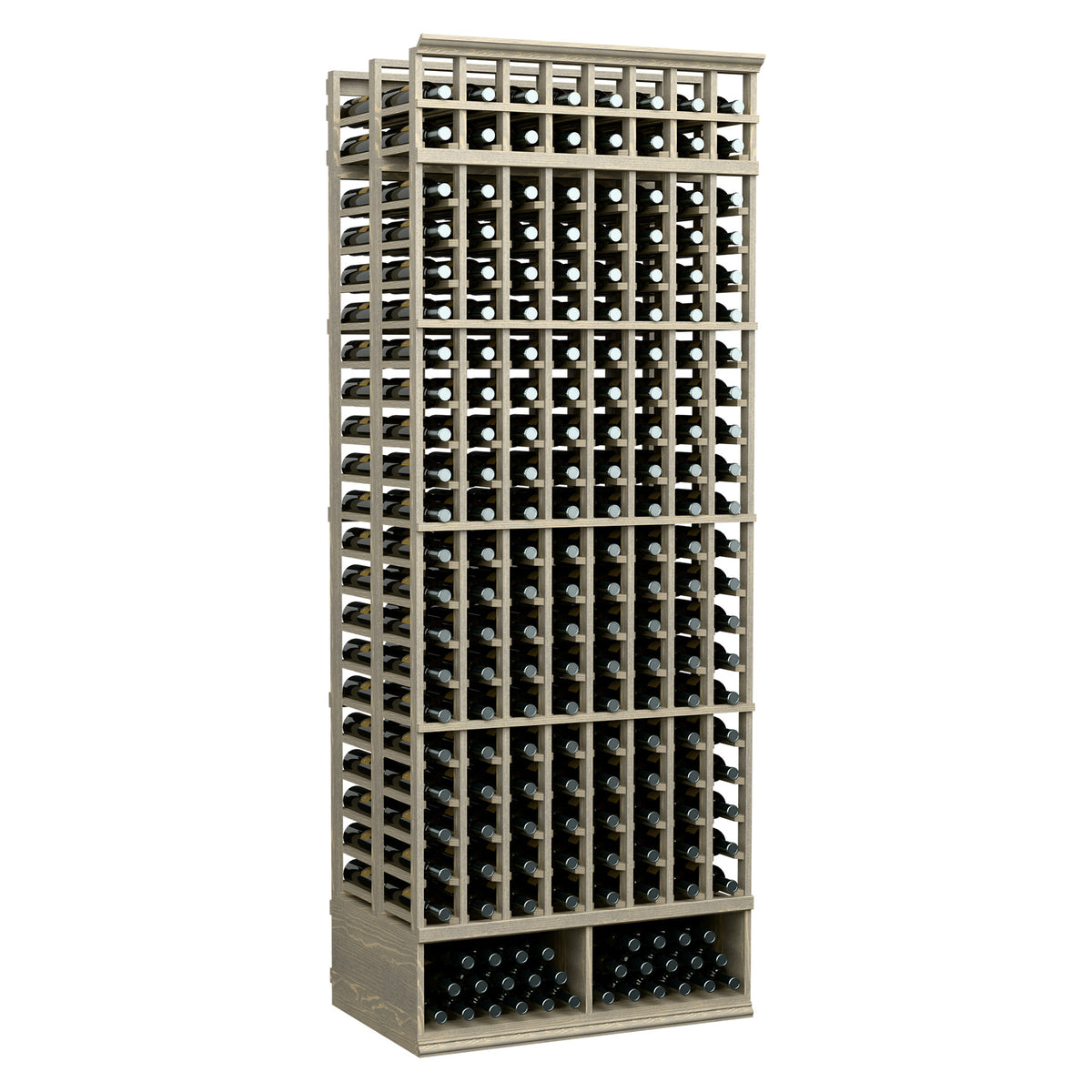 8-ft double-deep wine bottle rack, 8 columns, pale wood frame with bottle slots