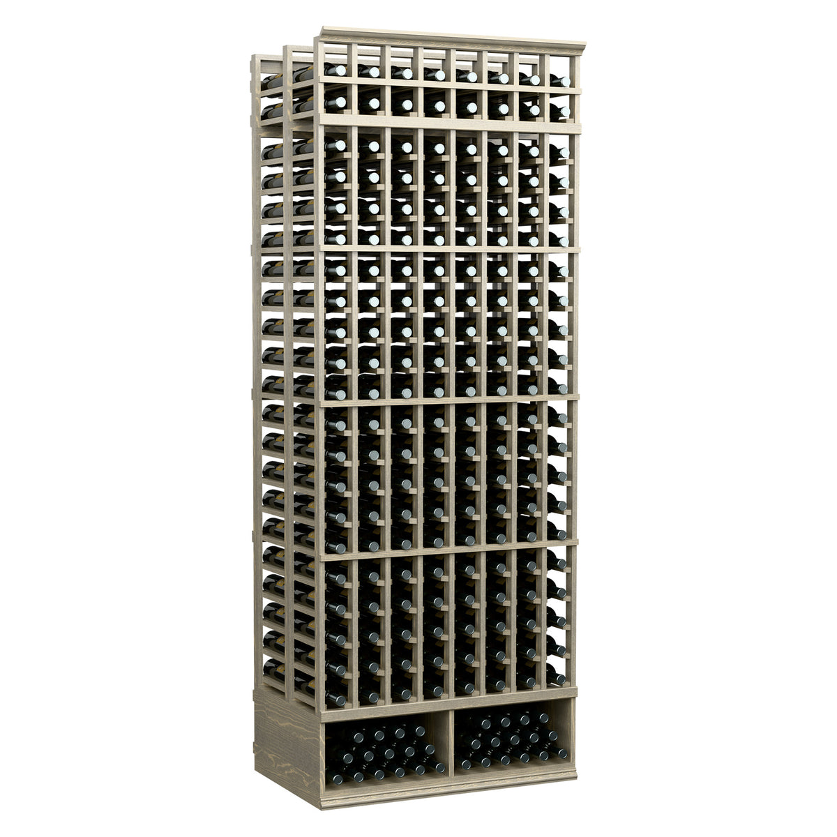8-ft double-deep wine bottle rack, 8 columns, pale wood frame, angled view with slots