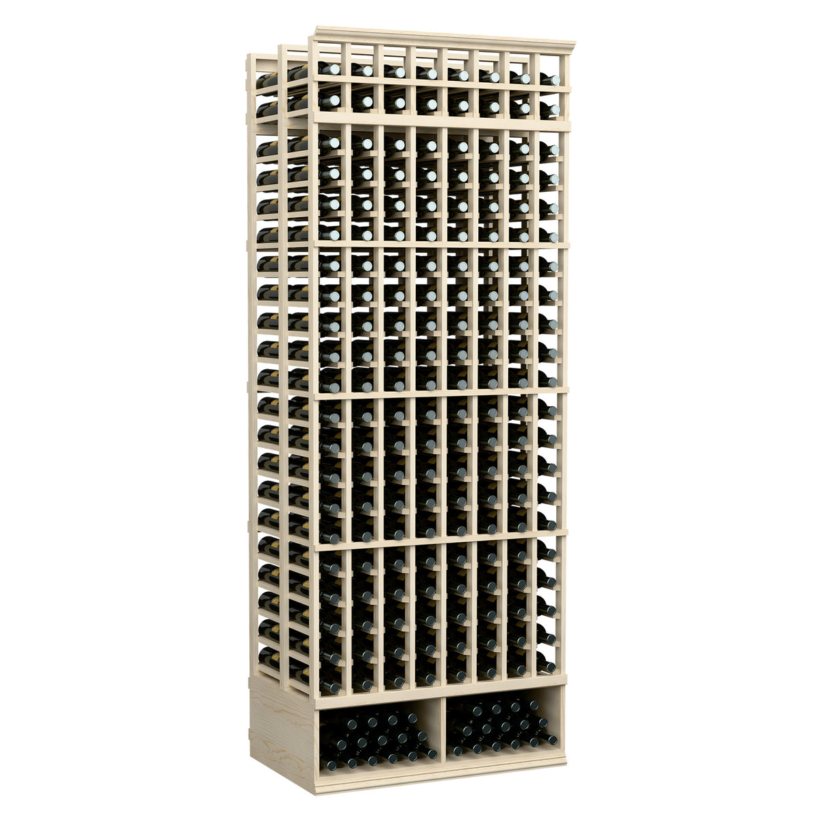 8-ft double-deep wine bottle rack, 8 columns, light wood frame with rows of bottle holes