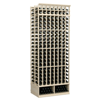 8-ft double-deep wine bottle rack, 8 columns, light wood frame with rows of bottle holes