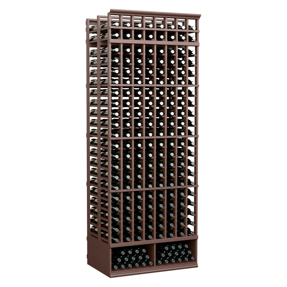 8-ft double-deep wine bottle rack, 8 columns, dark wood frame with bottle slots