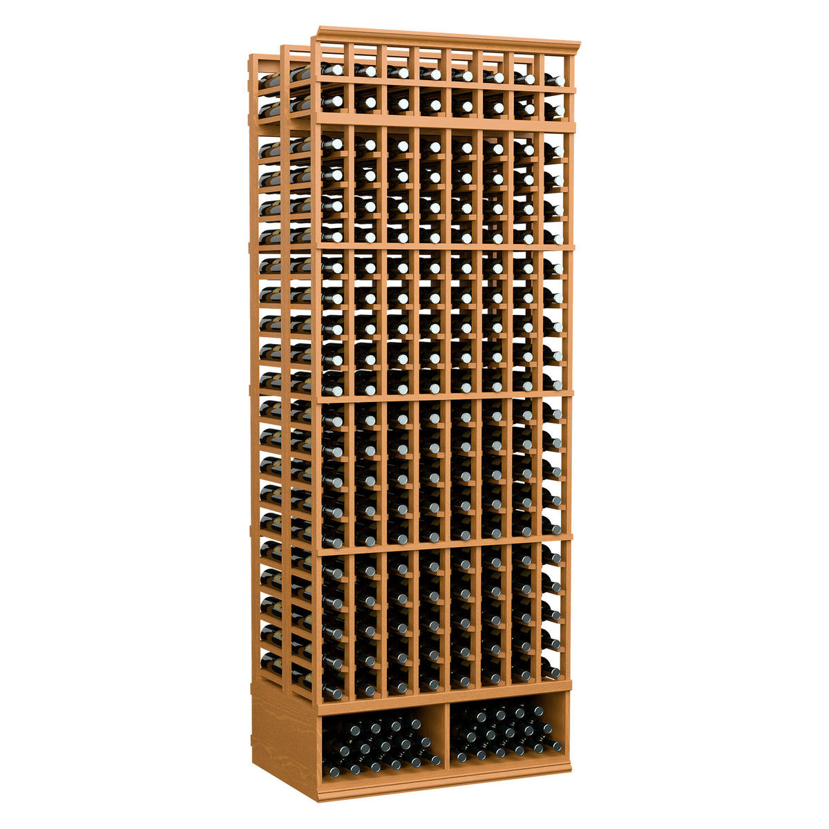 8-ft double-deep wine bottle rack, 8 columns, natural wood frame with bottle slots