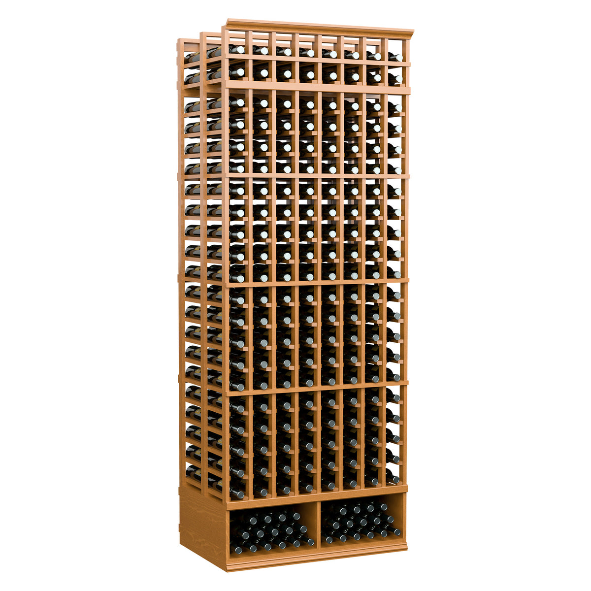 8-ft double-deep wine bottle rack, 8 columns, warm wood frame with rows of bottle holes