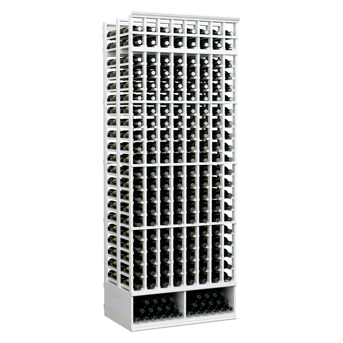8-ft double-deep wine bottle rack, 8 columns, white-washed frame with bottle slots