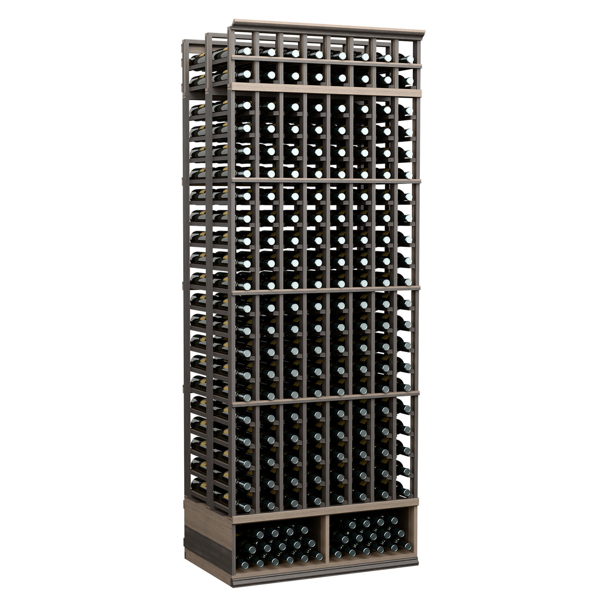 Double deep wine rack with 8 rows, dark frame, holds bottles in cubbies.