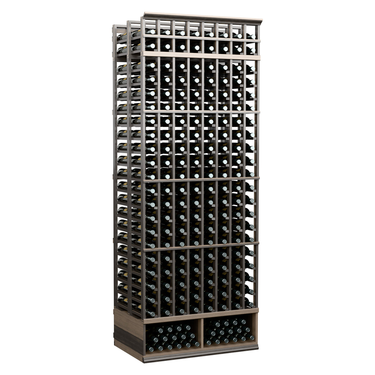 Double deep wine rack with 8 rows, dark gray frame, bottle holder shelves.