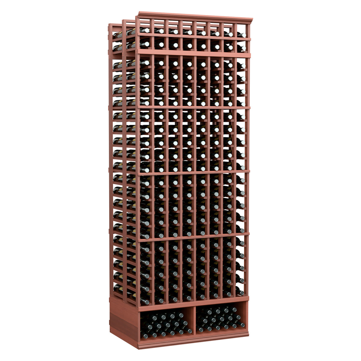 Double deep wine rack with 8 rows, warm red wood frame, holds bottles.