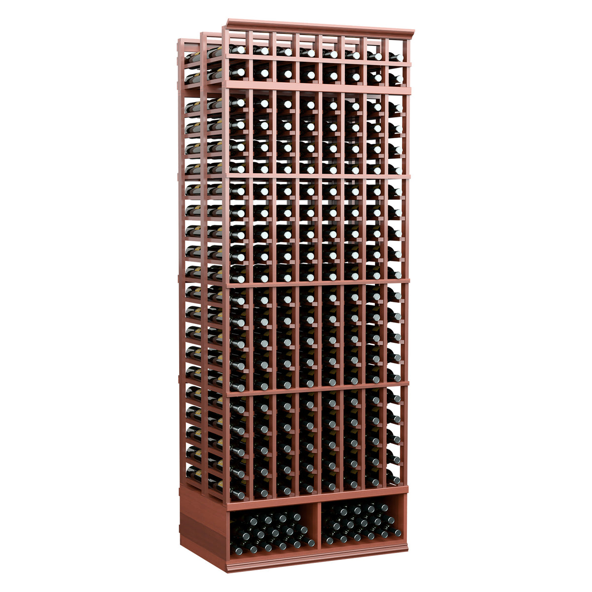 Double deep wine rack with 8 rows, reddish wood frame, bottle storage cubbies.