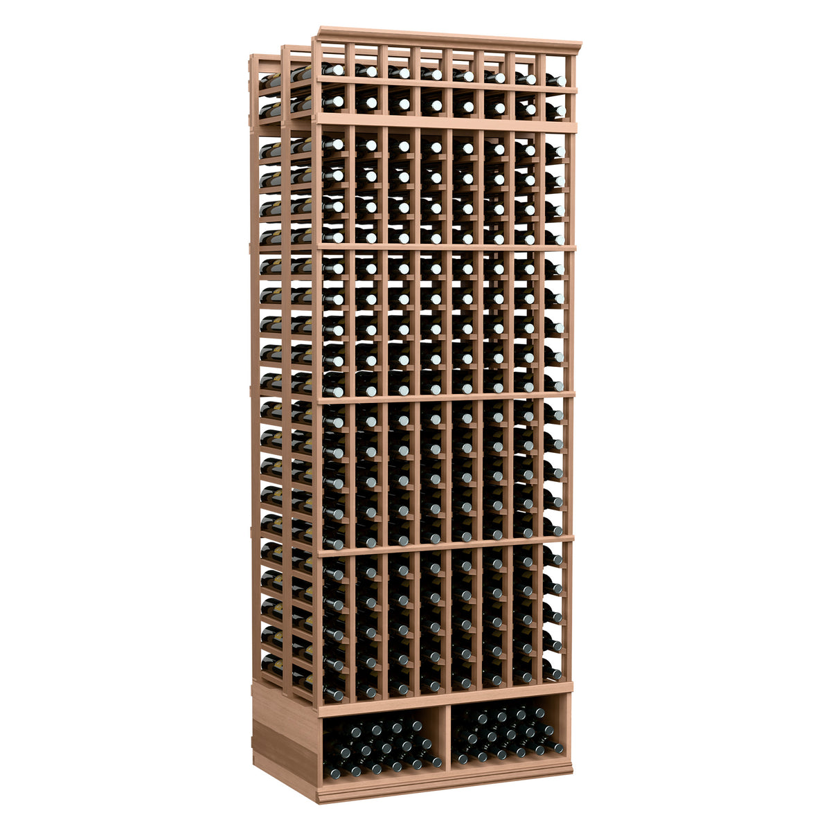 Double deep wine rack with 8 rows, light wood frame, holds wine bottles upright.