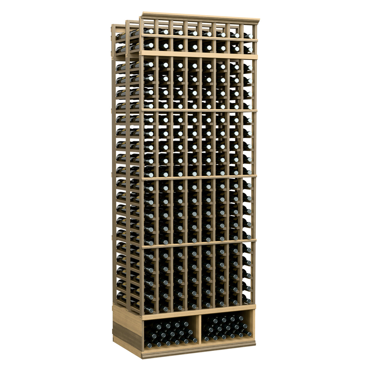 Double deep wine rack with 8 rows, light tan wood frame, upright bottle compartments.