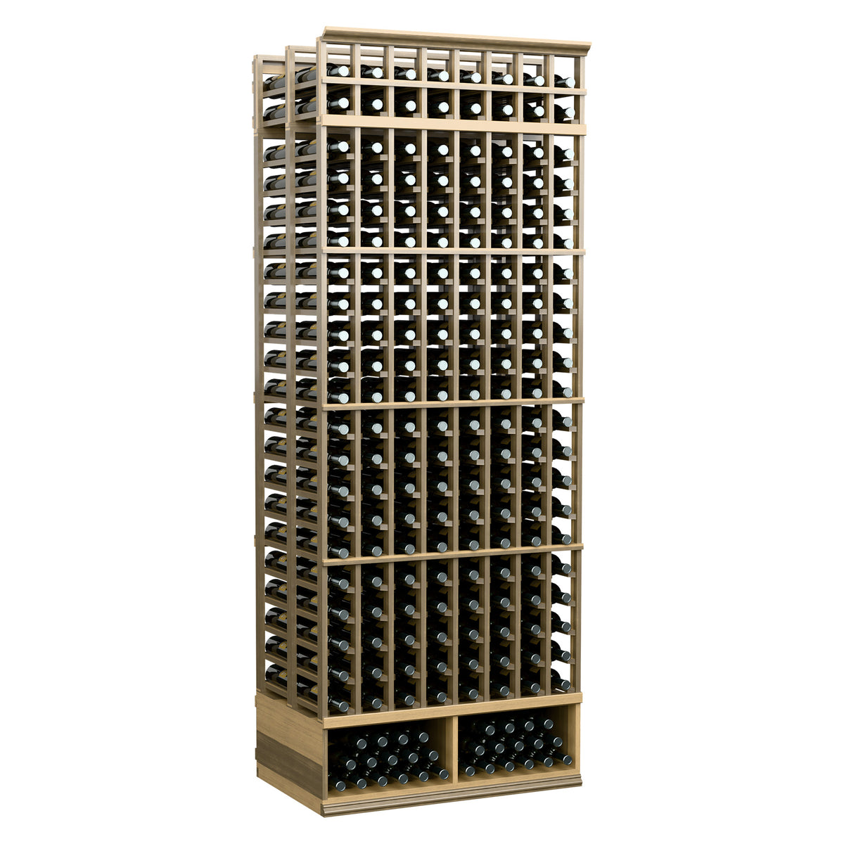 Double deep wine rack with 8 rows, pale wood frame, bottle storage in rows.