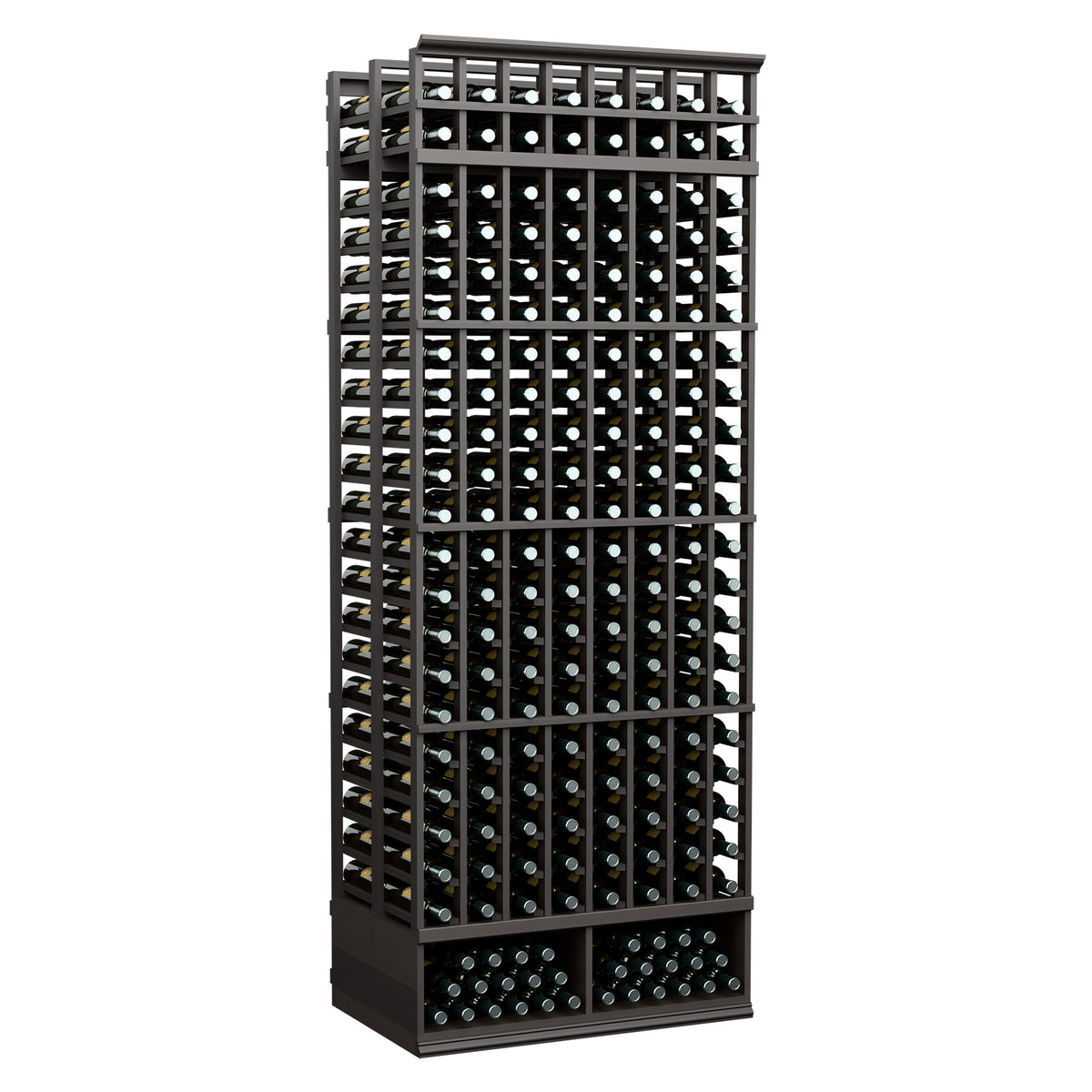 Double deep wine rack with 8 rows, black frame, bottle cubbies in grid.