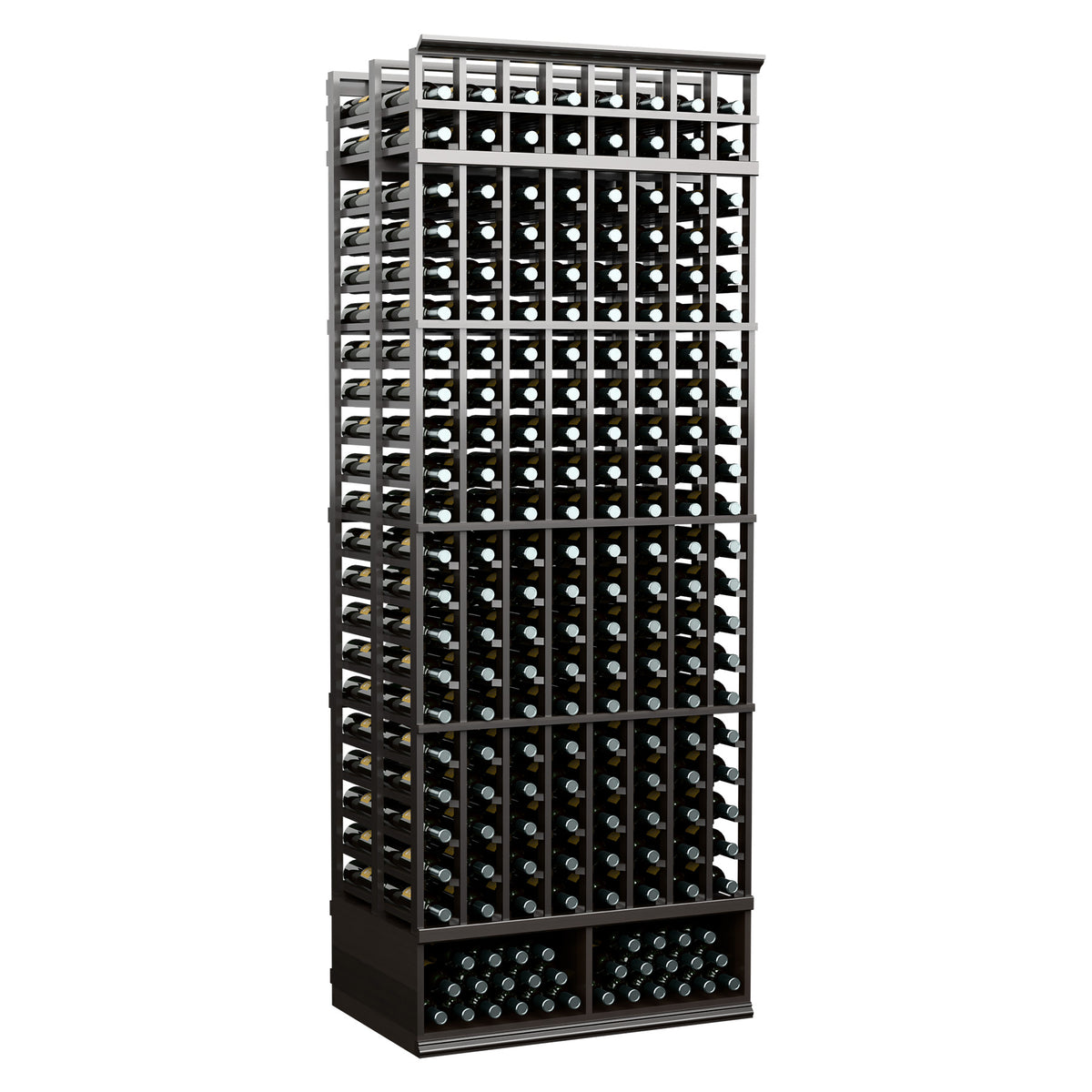 Double deep wine rack with 8 rows, charcoal frame, holds bottles in double depth.