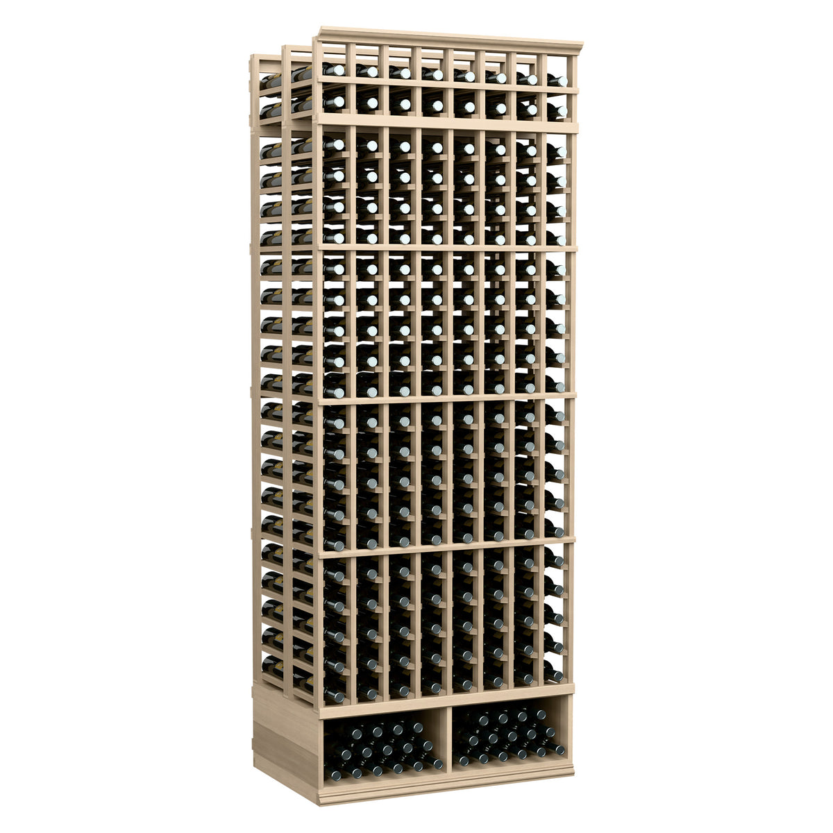 Light wood 8-foot double-deep wine bottle rack with 8 columns and grid bottle slots
