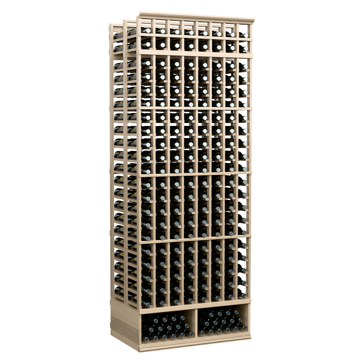 Light wood 8-foot double-deep wine bottle rack with 8 columns and two-sided bottle slots
