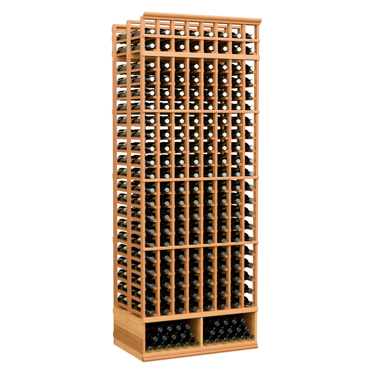 Warm wood 8-foot double-deep wine bottle rack with 8 columns and grid bottle openings