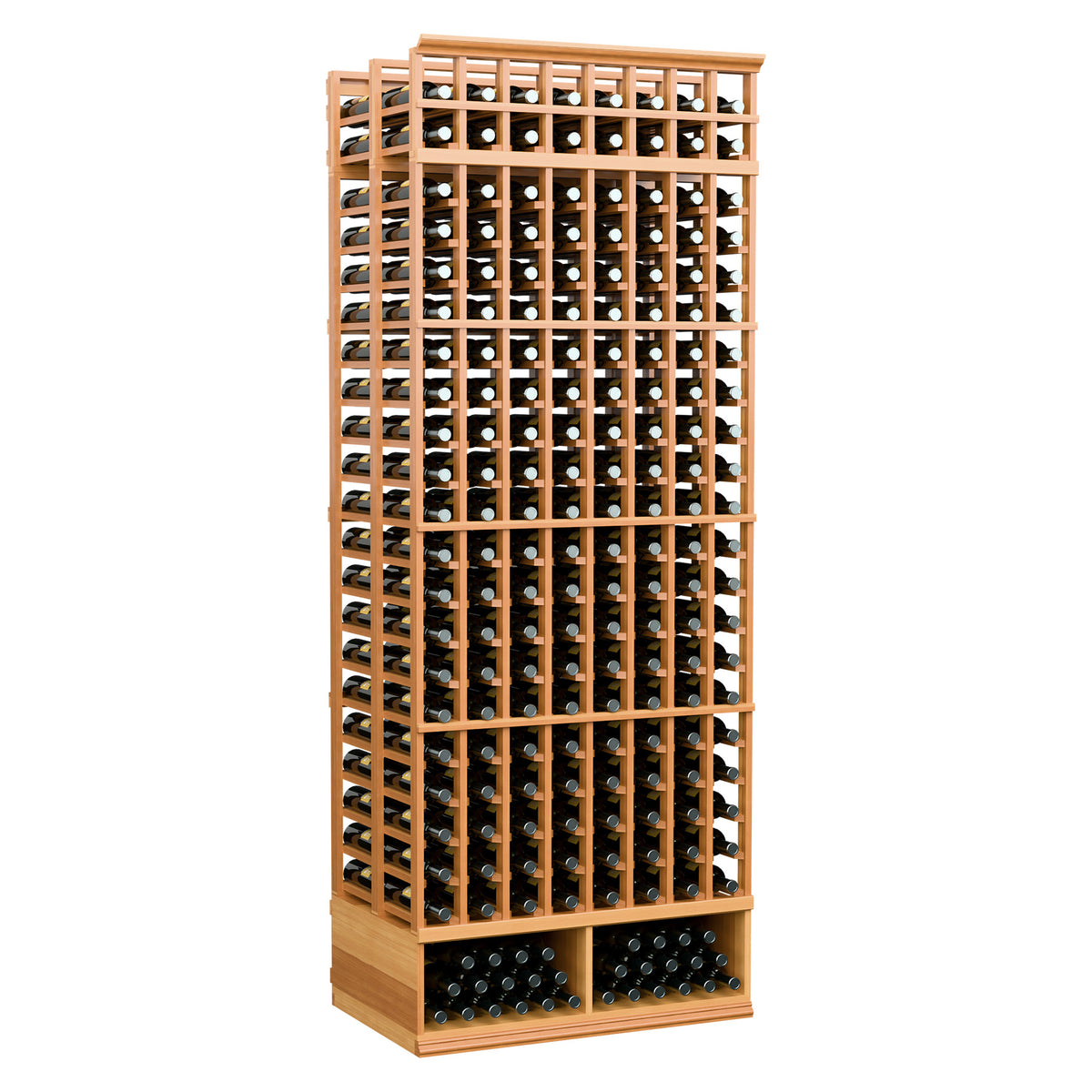 Warm wood 8-foot double-deep wine bottle rack with 8 columns and bottle slots on two tiers