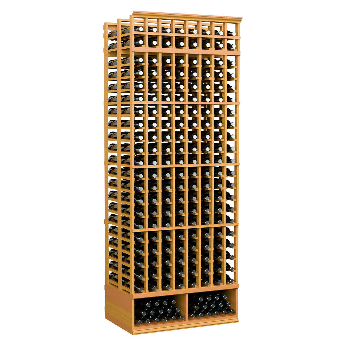Golden wood 8-foot double-deep wine bottle rack with 8 columns and bottle slot grid