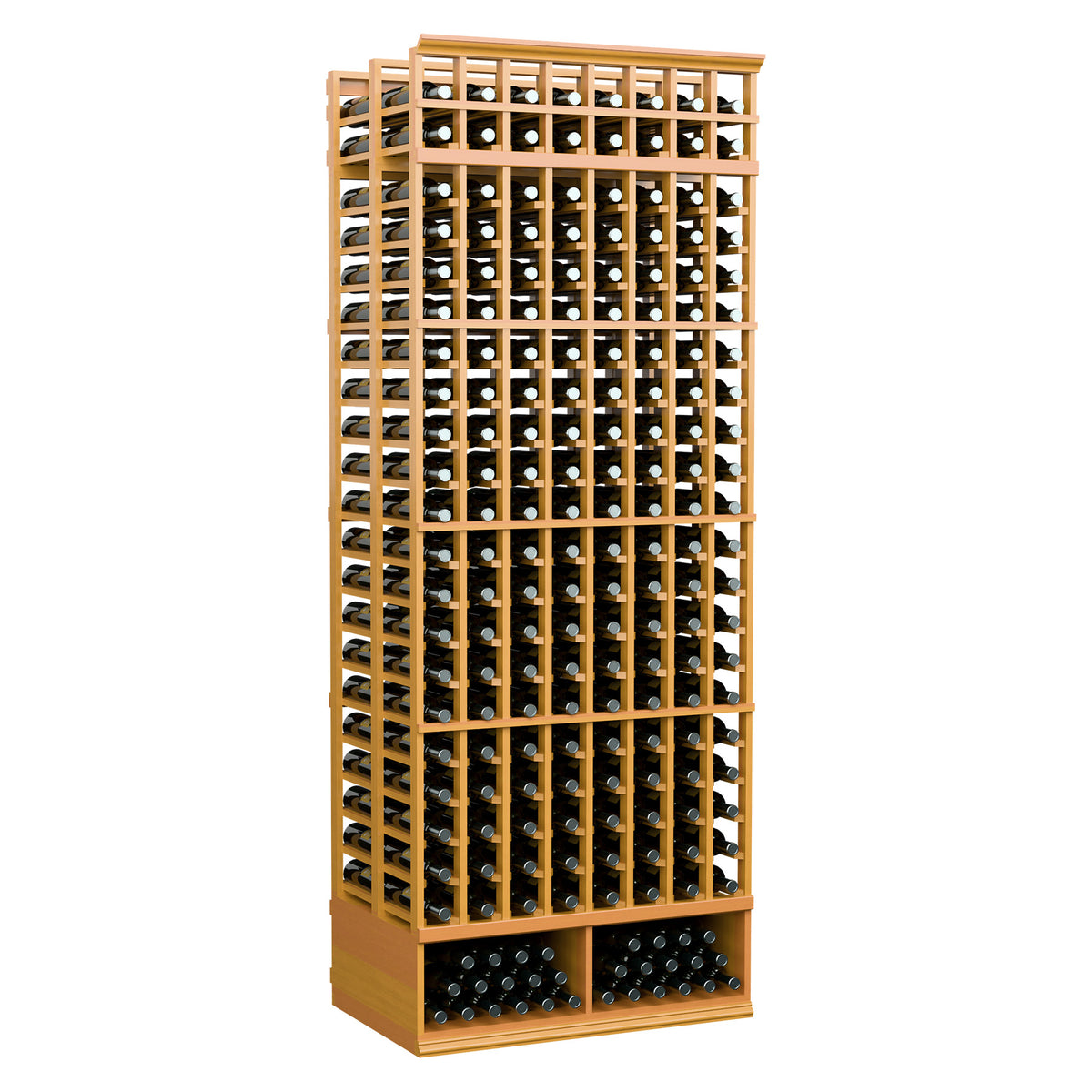Golden wood 8-foot double-deep wine bottle rack with 8 columns and multiple bottle openings