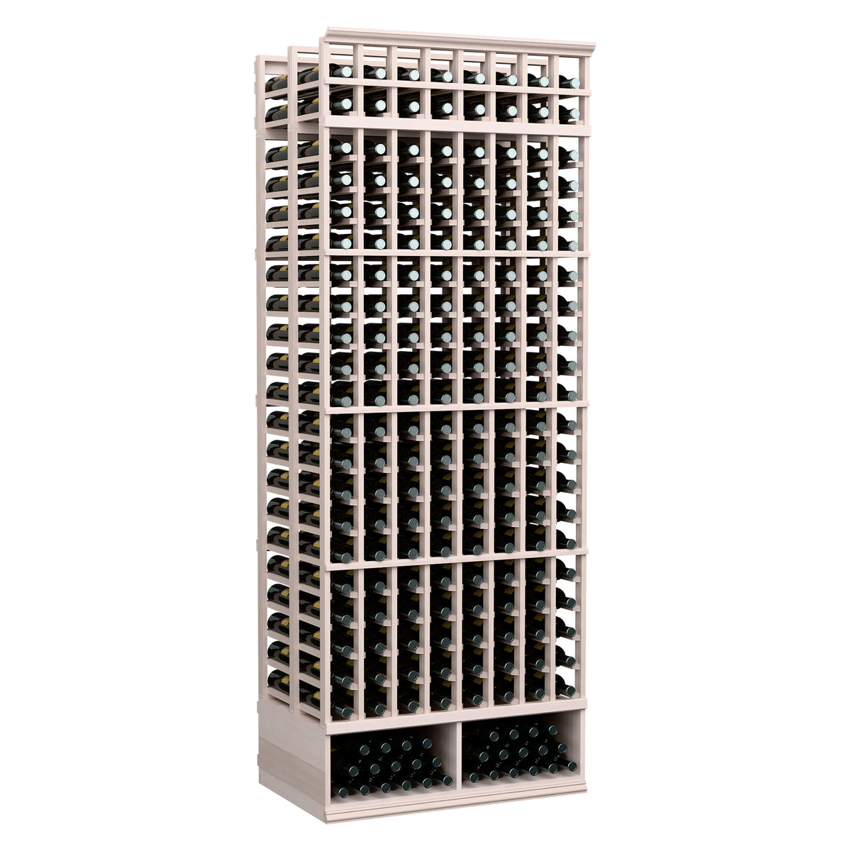 Gray-stained 8-foot double-deep wine bottle rack with 8 columns and bottle slot grid