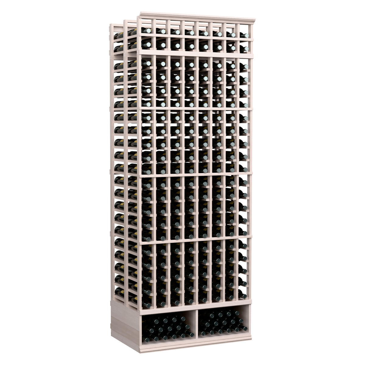 Gray-stained 8-foot double-deep wine bottle rack with 8 columns and two-sided bottle slots