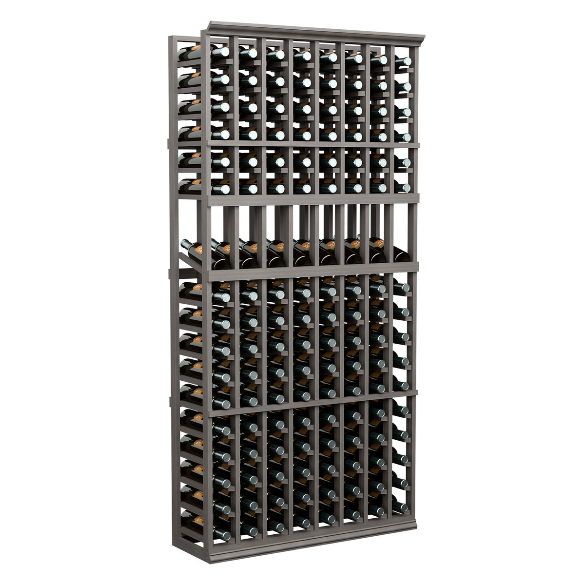 6-foot 8-column wine display rack with dark frame and angled bottle storage rows.