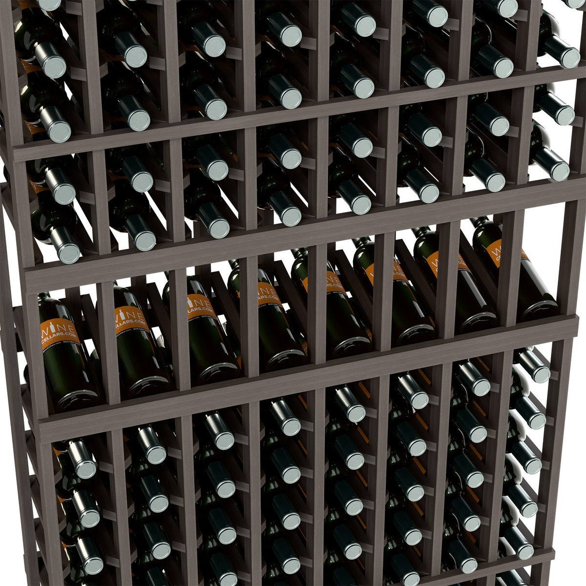 Wine bottle storage rack close-up with dark wood cubbies and bottle neck holders.
