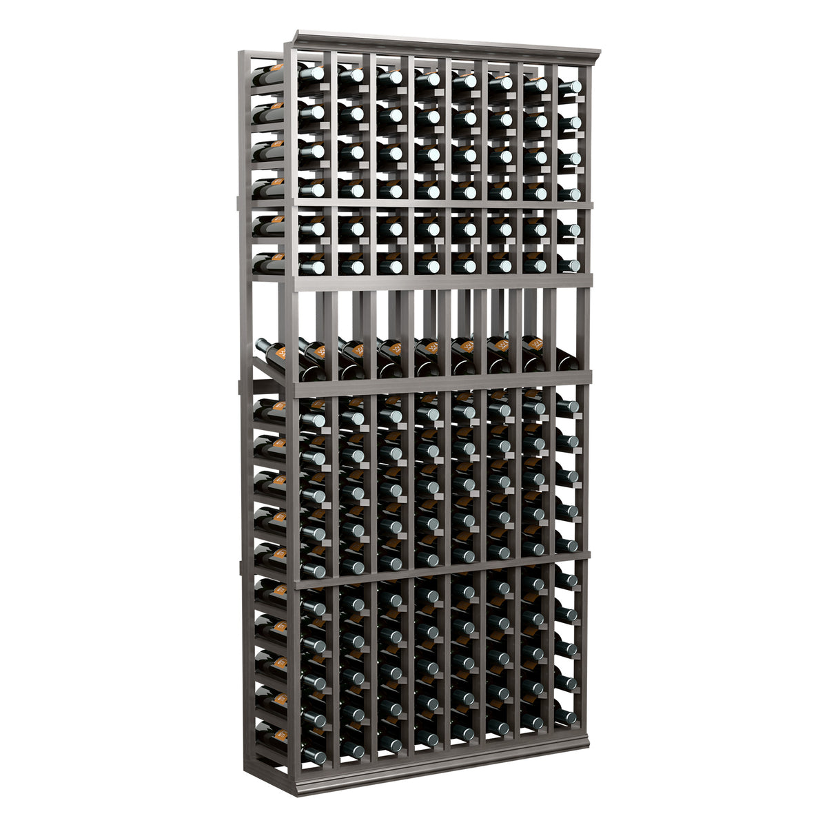 Tall 8-column wine display rack with dark frame and multiple rows of bottles.