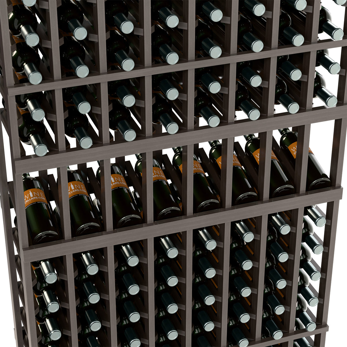 Wine rack close-up showing dark slots with wine bottles and circular bottle holders.