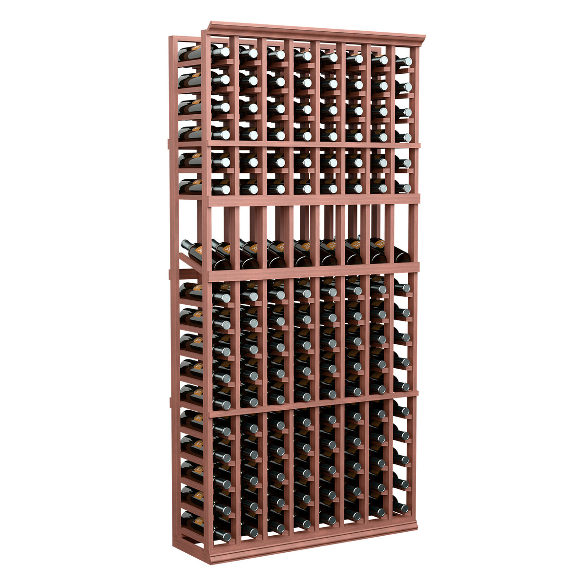 6-foot 8-column wine display rack with reddish frame and rows of wine bottles.