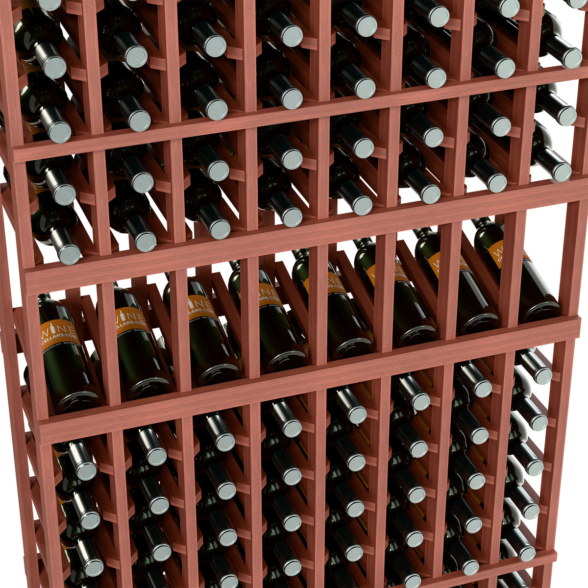 Wine bottle storage rack close-up with reddish wood cubbies and bottle neck holders.
