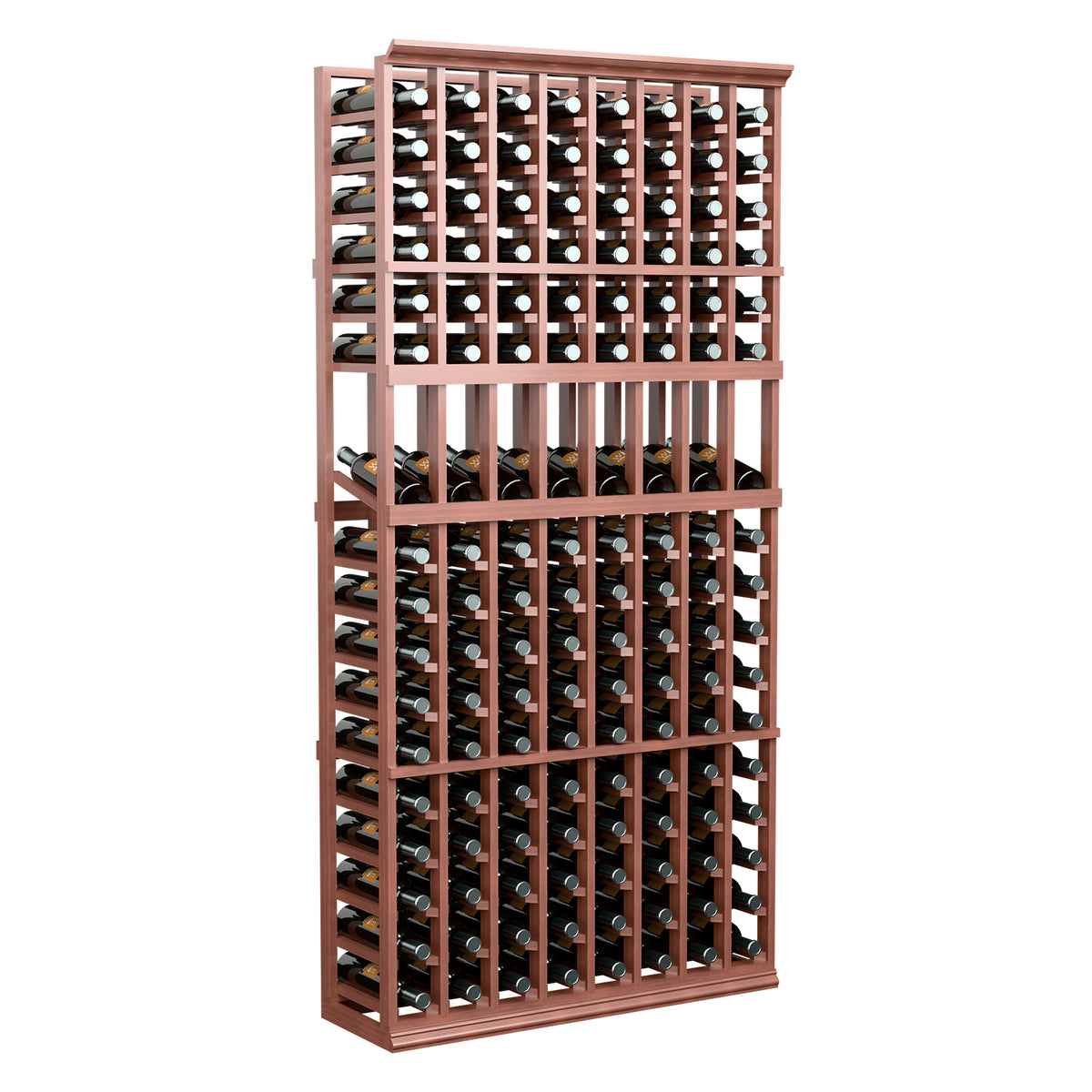 Tall 8-column wine display rack with reddish frame and multiple rows of bottles.