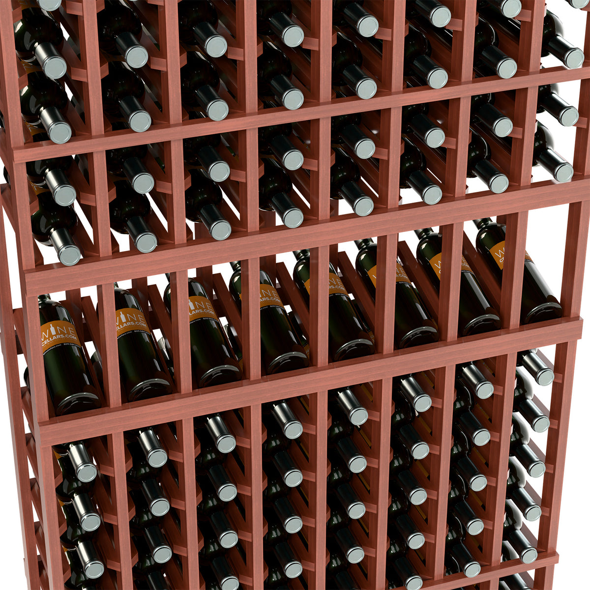 Wine rack close-up showing reddish slots with wine bottles and circular bottle holders.