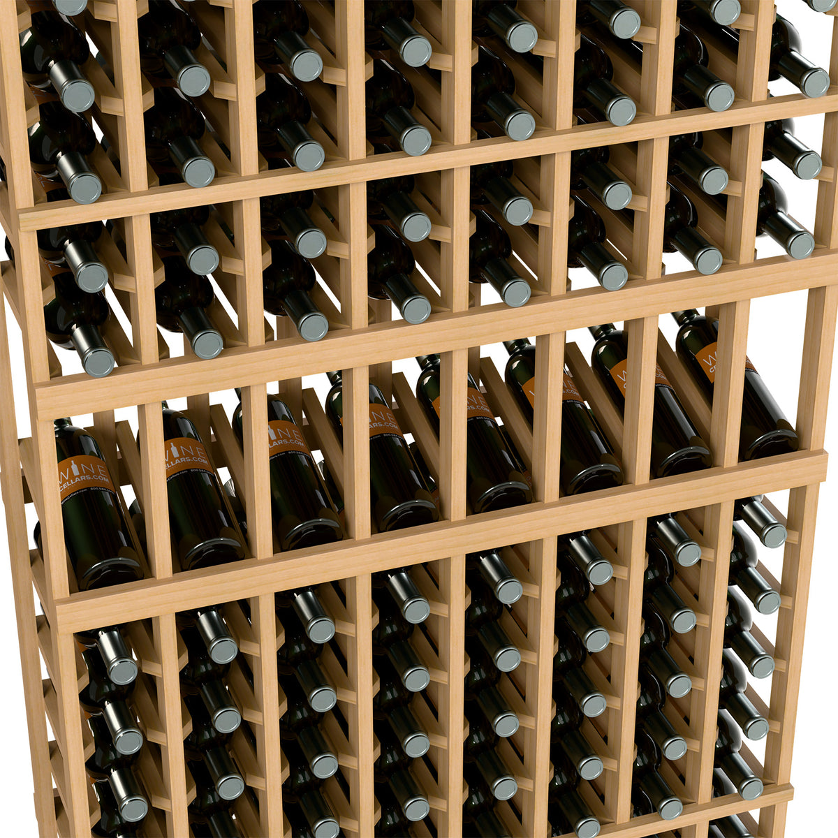 Wine bottle storage rack close-up with light wood cubbies and circular bottle holders.
