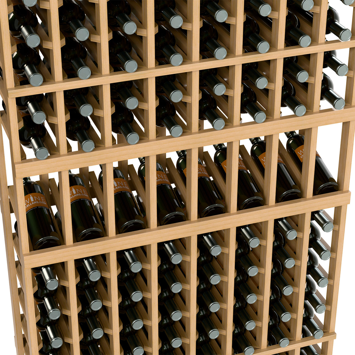 Close-up of wine bottles in a light-wood 8-column display rack with gray caps.