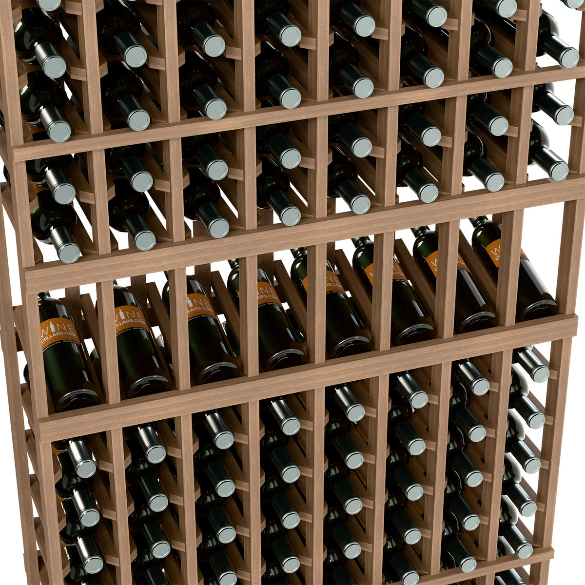 Close-up of wine bottles in a light-wood 8-column display rack, bottle necks visible.