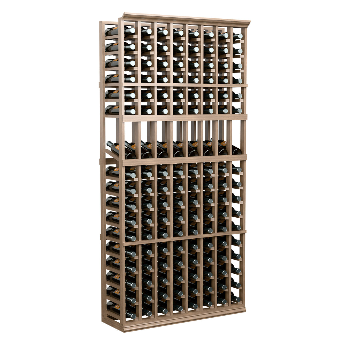 Wood wine bottle display rack with 8 columns, holds many bottles, light frame.