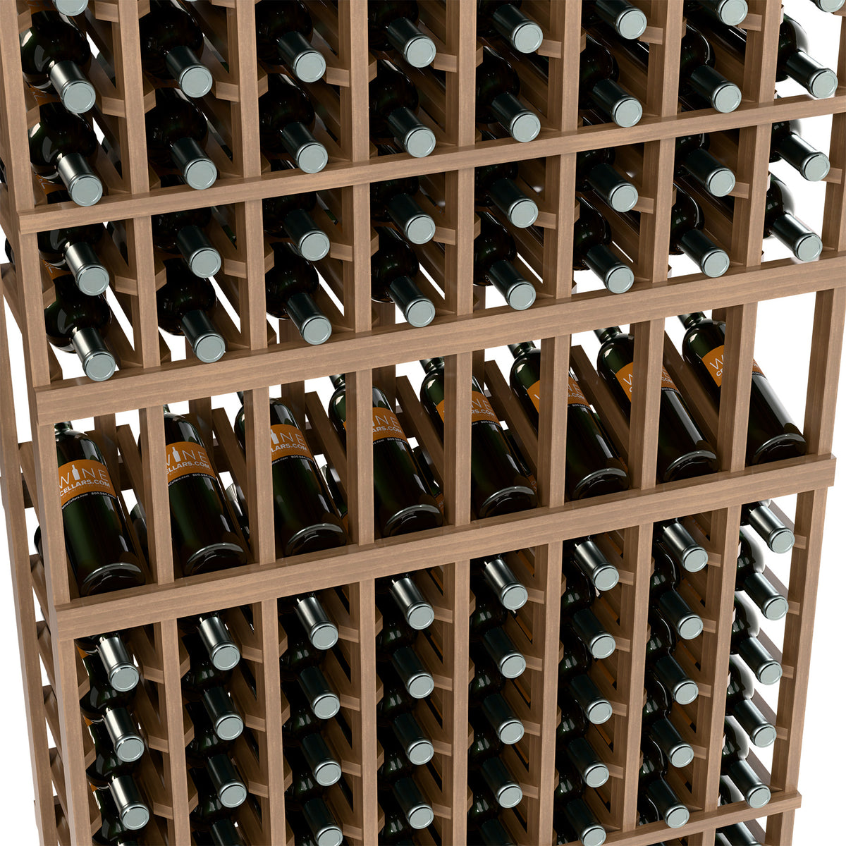 Close-up of wine bottles in a light-wood 8-column display rack with silver bottle tops.