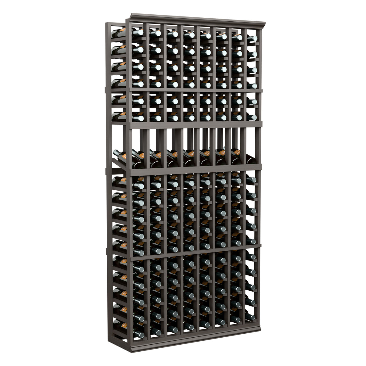 Wood wine bottle display rack with 8 columns, holds many bottles, dark frame.