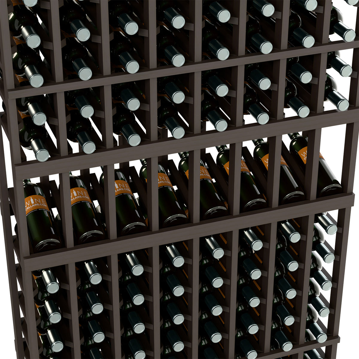 Close-up of wine bottles in a dark 8-column display rack, bottle necks and caps.