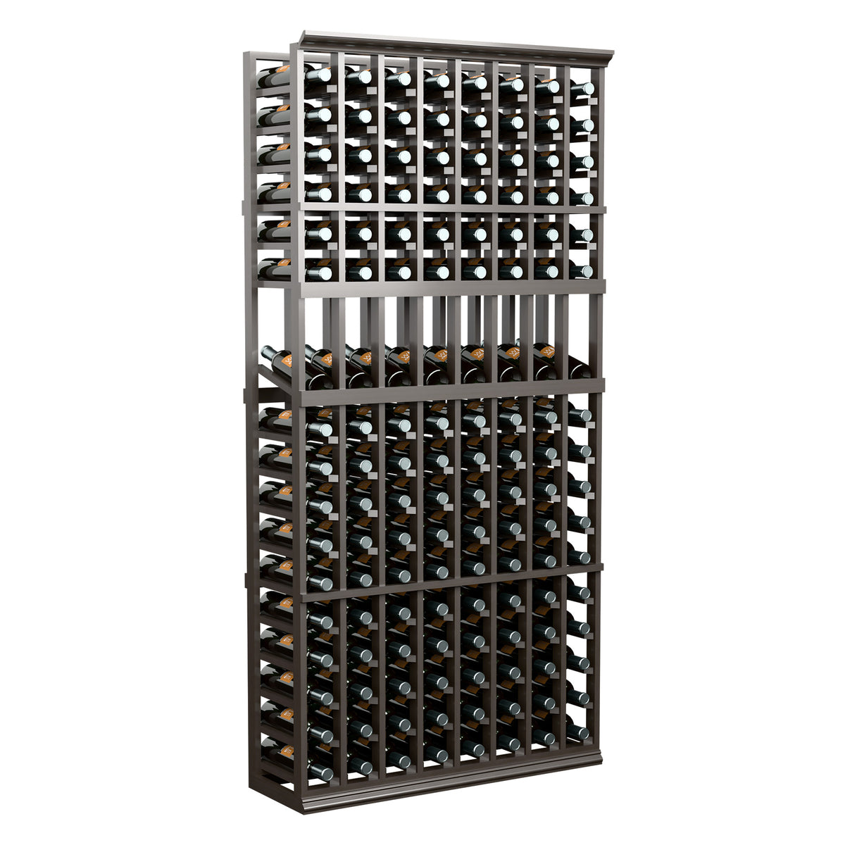 Wood wine bottle display rack with 8 columns, holds many bottles, dark frame.