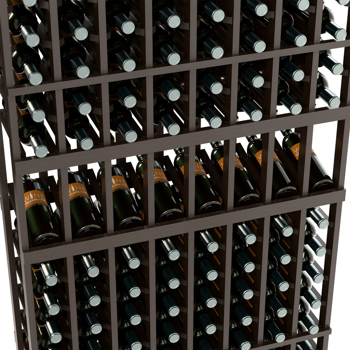 Close-up of wine bottles in a dark 8-column display rack with silver bottle tops.
