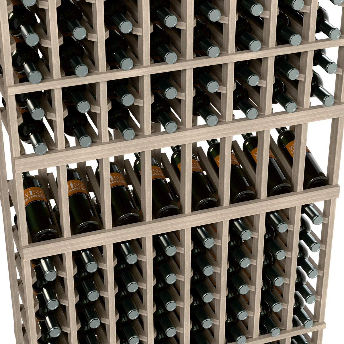 Wine bottle display rack close-up with bottles seated in wooden slots