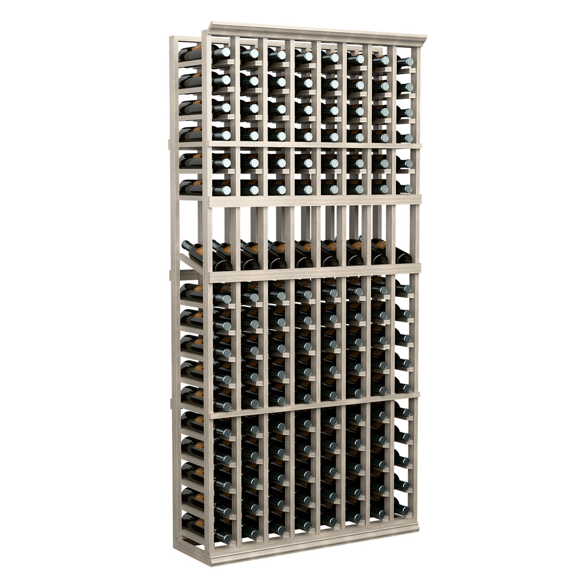 Wine bottle display rack, full front view, pale wood frame with bottle grid
