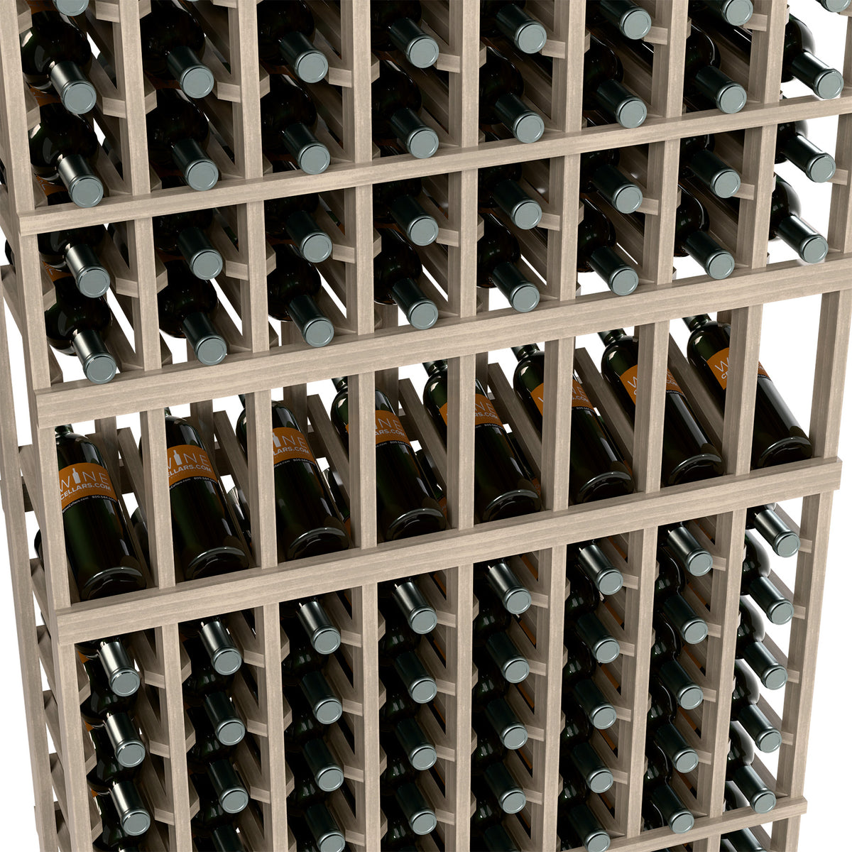 Wine bottle display rack close-up, pale wood dividers with bottles arranged