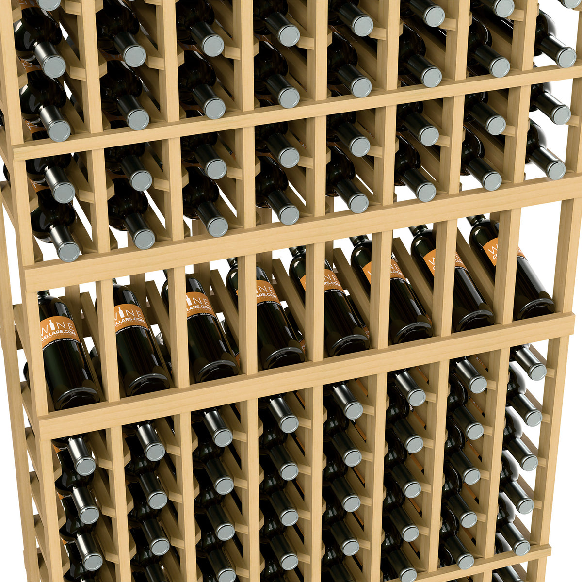 Wine bottle display rack close-up, light wood slots holding assorted bottles