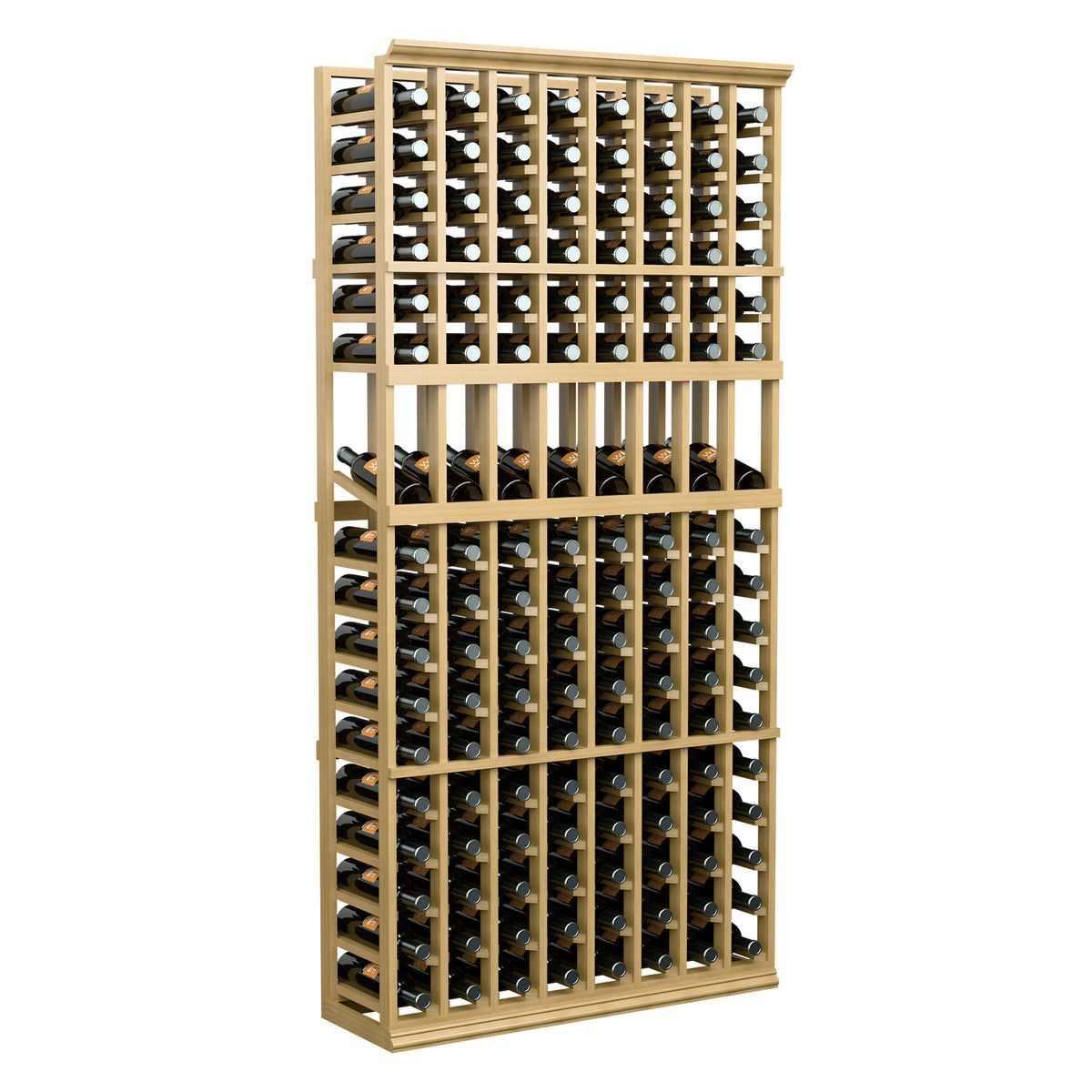 Wine bottle display rack, 8-column, tall pale wood frame for bottle display