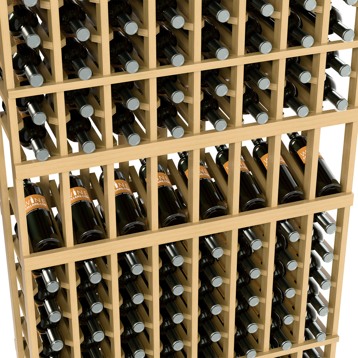 Wine bottle display rack close-up, pale wooden sections with bottles in rows