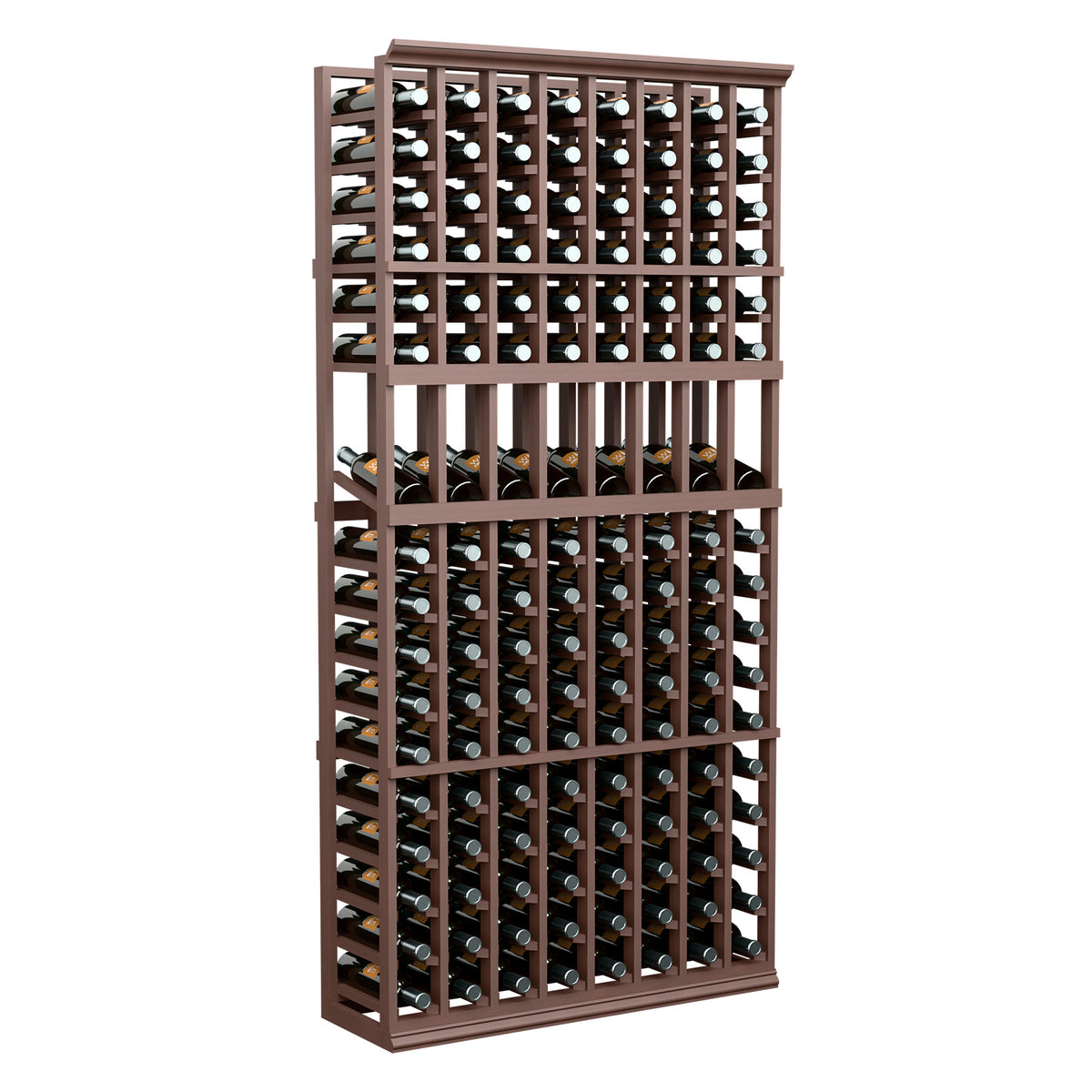 Wine bottle display rack, 8-column, dark wood frame with bottles in grid